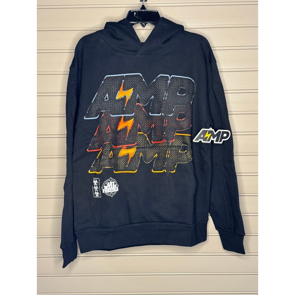 AMP Men's Medium Graphic Hoodie Black Lightning Streetwear Pullover NWT